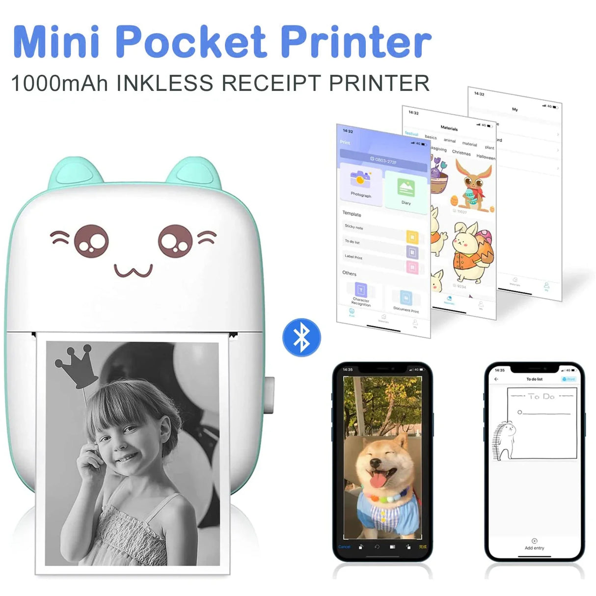 Pocket Mini Printer, Portable Bluetooth Thermal Printer for IOS Android Smartphone, Mobile Wireless Label Receipt Sticker Photo