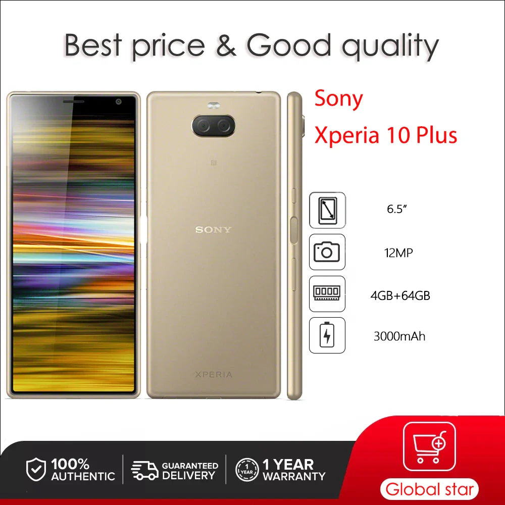 Sony Xperia 10 Plus I3213 I4213 I4293 Dual SIM Octa-core 6.5" 4GB 64GB ROM 12MP Snapdragon Cellphone NFC Fingerprint Smartphone