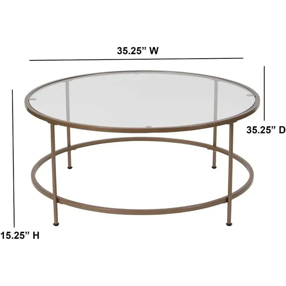 Astoria Collection Round Coffee Table - Modern Clear Glass Coffee Table - Brushed Gold Frame Restaurant Tables Furniture Dining