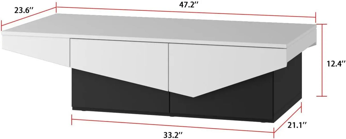 Modern Coffee Table with 4 Drawers, Central Table Living Room with Storage, White and Black Wood