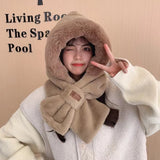 Women' S Autumn and Winter Korean Version Plus Velvet Warm Scarf Wool Hat Outdoor Cold- Proof Ear Protection One- Piece Cap