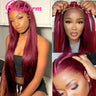 99J Burgundy Straight 13x4 Lace Front Human Hair Wigs Brazilian Hair Pre-Plucked Red Color Straight Lace Frontal Wigs For Women