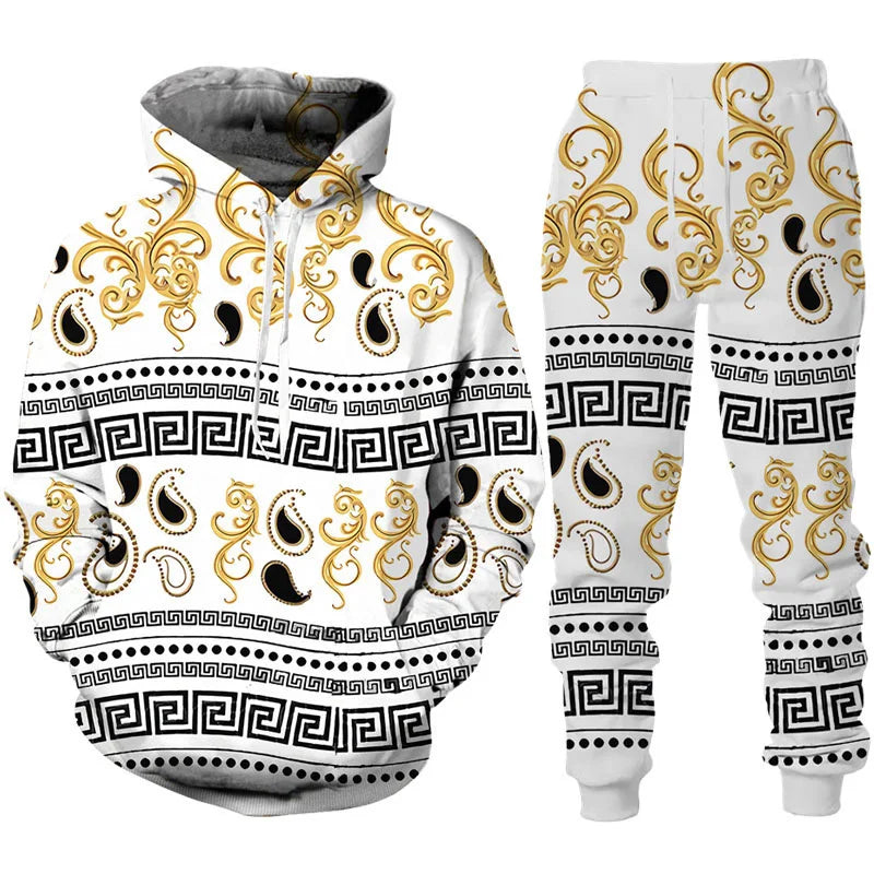 Spring Autumn  Golden Floral 3D Printed Hoodie/Tracksuit Casual Sweatshirt and Trousers Set Fashion Men Women Sports Suit