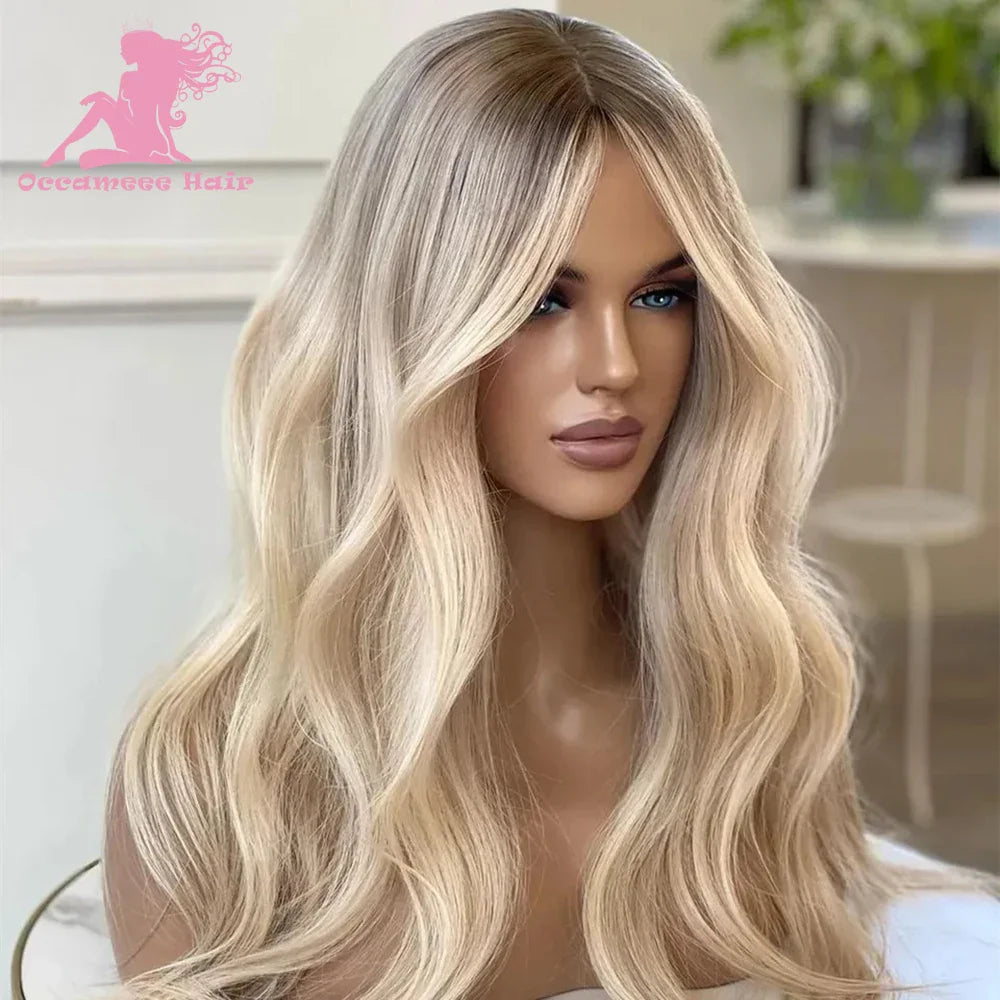 Ash Blonde Highlight Colored Lace Front Wig With Roots Straight Double Dawn HD Lace Forntal Wig aBrazilin Virgin Human Hair Wigs