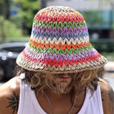 Spring Summer New Rainbow Woven Straw Hat Bucket Hat Sunblock Shade Wide Brim Hat Breathable Fisherman Hats Beach Straw Cap