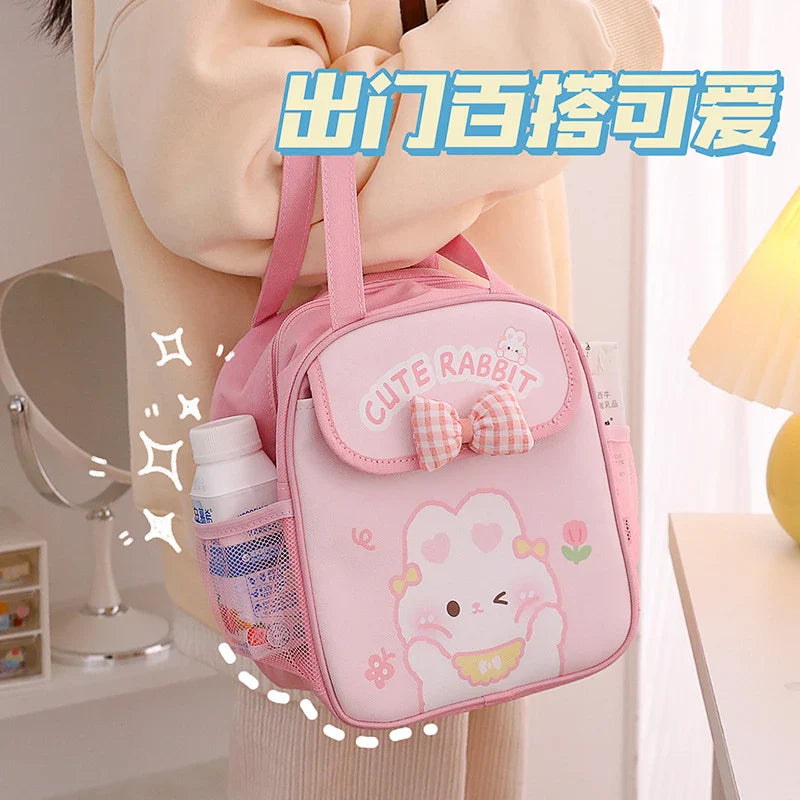 Cute Portable Lunch Box for Kids Pink Bow Bunny Thermal Insulated Lunch Bag Bento Pouch Kawaii Container School Food Storage Bag