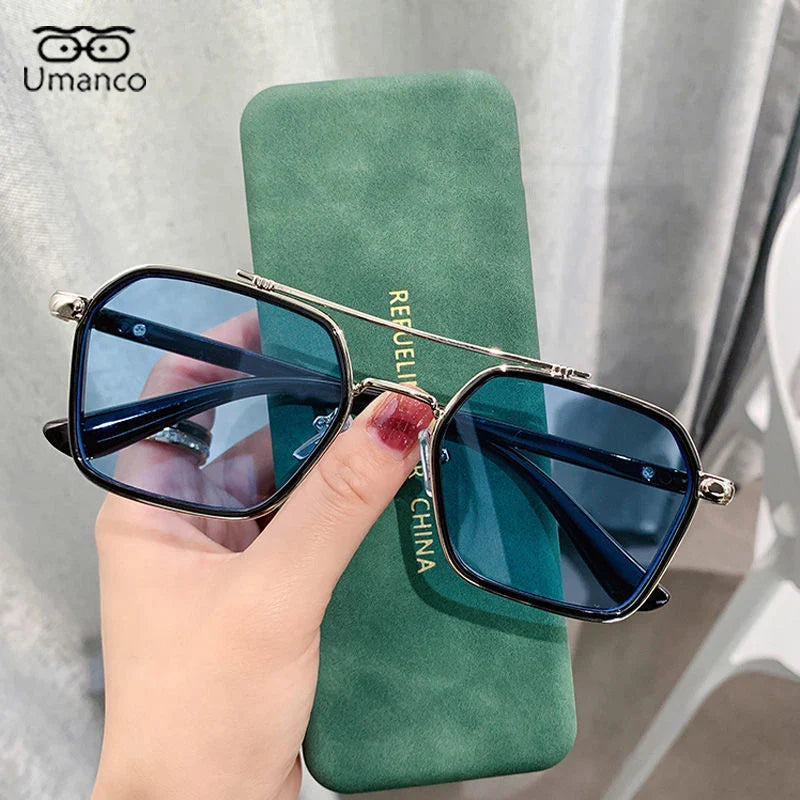 Umanco Trendy Double Beam Square Sunglasses For Men Metallic Ocean Blue Lenses Driver Sunglasses UV400 Design Retro Glasses