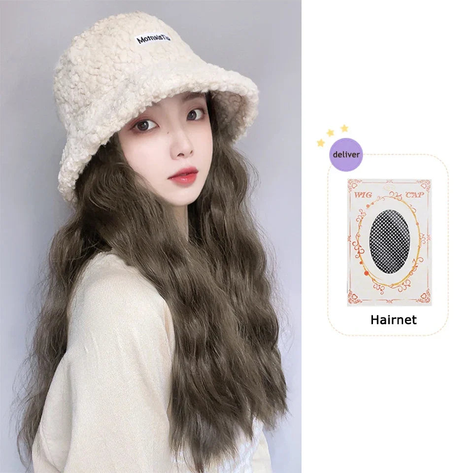 AS  Syntheti Curly hair Lamb wool fisherman hat Berets  Wig Natural Black Straight Wigs Naturally Connect Synthetic Hat Wig Adju