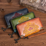 Women‘s New Fashion Leather Embossing Retro Long Clutch Bag Organ Wallet Bifold Large Capacity Long Zipper Card Organizer Purse