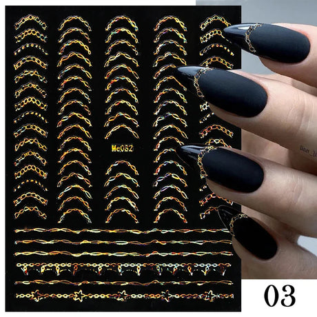 3D Silver Frame Nail Sticker Silver Bronzing Stripe Lines Sliders For Nails Tribal Pattern Decals Marble Blooming Nail Tattoos