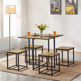 5 Pcs Dining Set with Industrial Square Table and 4 Backless Chairs Dining Room Sets , Rustic Brown