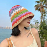 Spring Summer New Rainbow Woven Straw Hat Bucket Hat Sunblock Shade Wide Brim Hat Breathable Fisherman Hats Beach Straw Cap