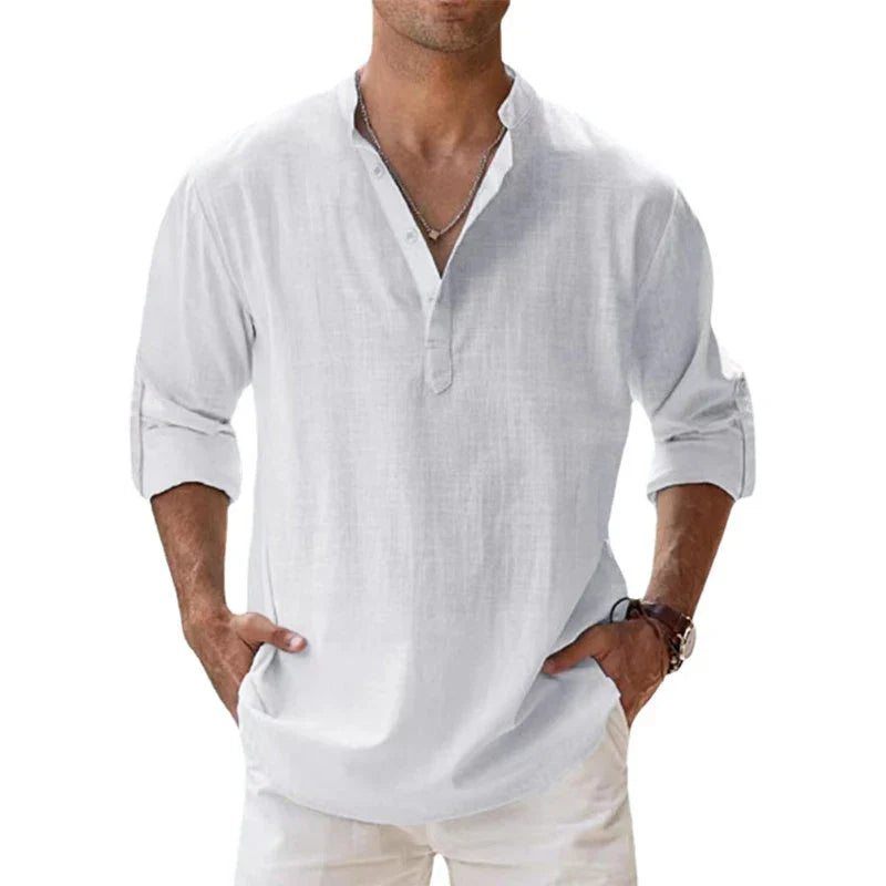 New Men's Cotton T Shirts Linen Casual Long Sleeve Button Down Shirt Loose Collar Solid Color Tops S-5XL