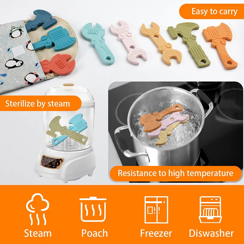 TYRY.HU 1set Silicone Teethers Tools Axe Wrench Hammer Food Grade BPA Free For Baby Teething Chew Charms Silicone Bead Toy Gift