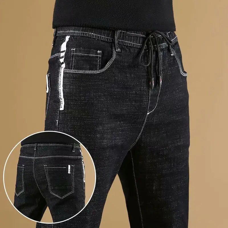 Men's Winter Pants Fleece-lined Jeans Brushed Black Street Fashion Comfort Flex Zipper Pocket Stretch Plush Thicken Trousers Man