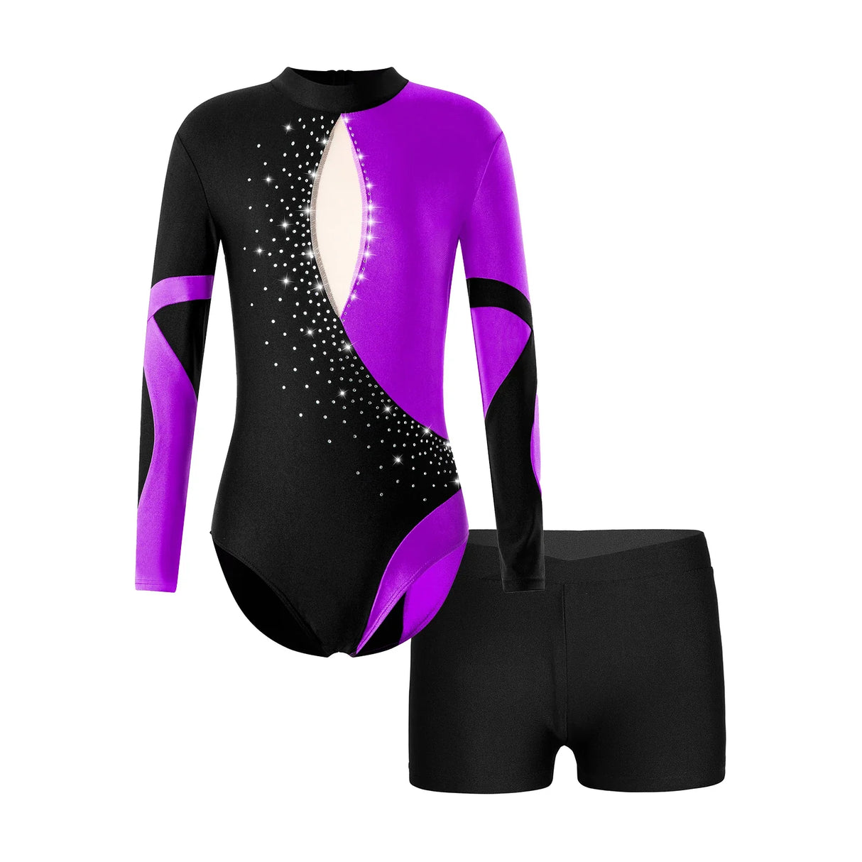 Kids Girls Ballet Gymnastic Leotard Skating Performance Costume Long Sleeve Backless Shiny Rhinestones Bodysuit with Shorts