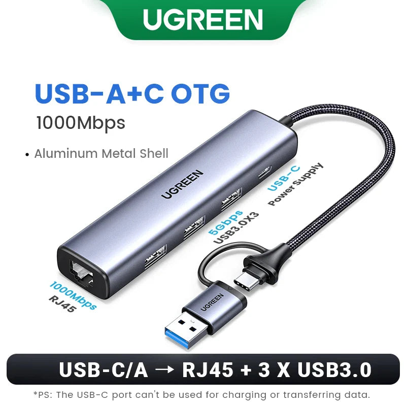 UGREEN USB Ethernet Adapter 1000/100Mbps USB to RJ45 USB3.0/2.0 HUB for Laptop PC Xiaomi Mi Box S Nintendo Network Card USB Lan