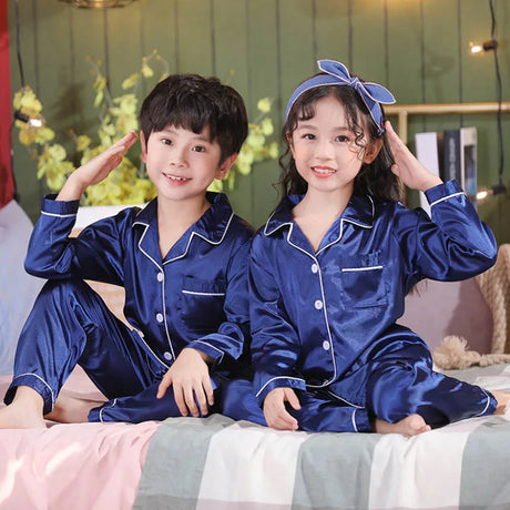 Girls Pink Satin Pajamas Sets Children's 2pcs Nightgowns Loungewear Boys Silk Pyjamas Teenager Nightgowns Sleepwear for 2-14T