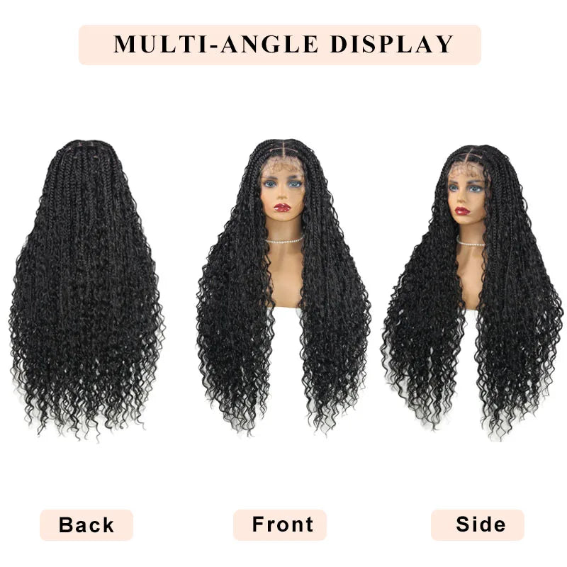 32” Full Lace Box Braid Wigs With Baby Hair Embroidery Bohemian Braid Wig For Black Woman Knotless Goddess Locs With Curly Hair