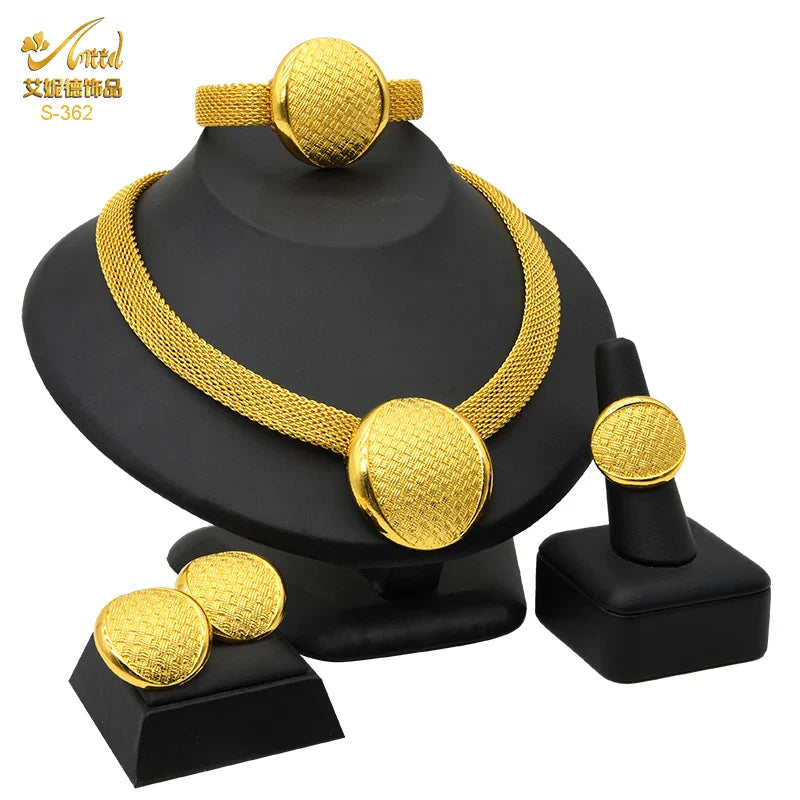 Indian Luxury Necklace Jewelry Sets For Women Dubai Gold Color African Arabic Wedding Bridal Collection Sets Earring Jewellery