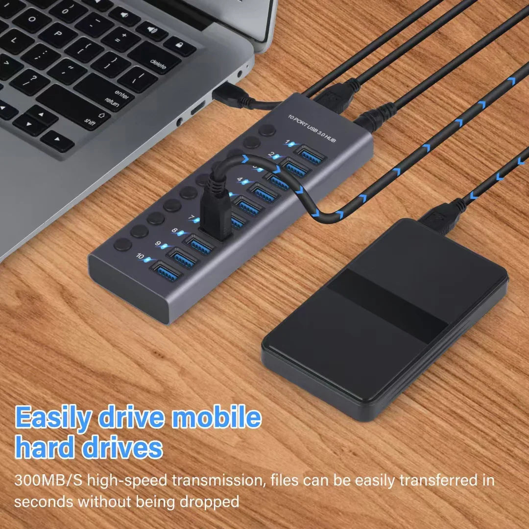 Metal USB 3.0 Hub Multi USB Splitter 4/7/10Ports Use Power Adapter Multiple Expander 2.0 Hub With Switch For Laptop Accessoriess