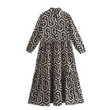 Fashion Geometry Printing Midi Dress For Women Elegant Oversize Loose Shirt Dresses Female Chic Long Sleeve Summer Beach Dresses