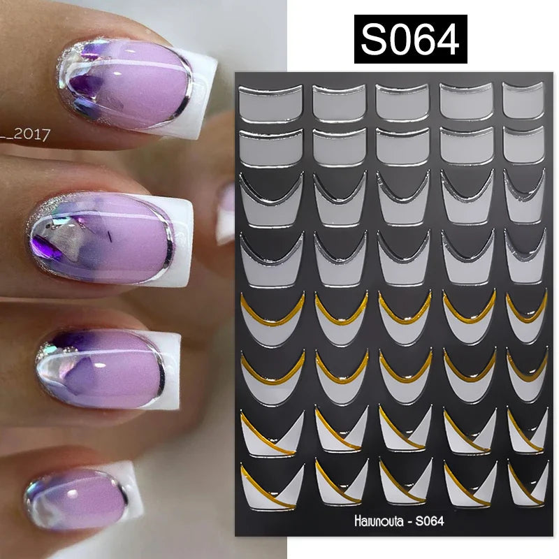 3D Silver Frame Nail Sticker Silver Bronzing Stripe Lines Sliders For Nails Tribal Pattern Decals Marble Blooming Nail Tattoos