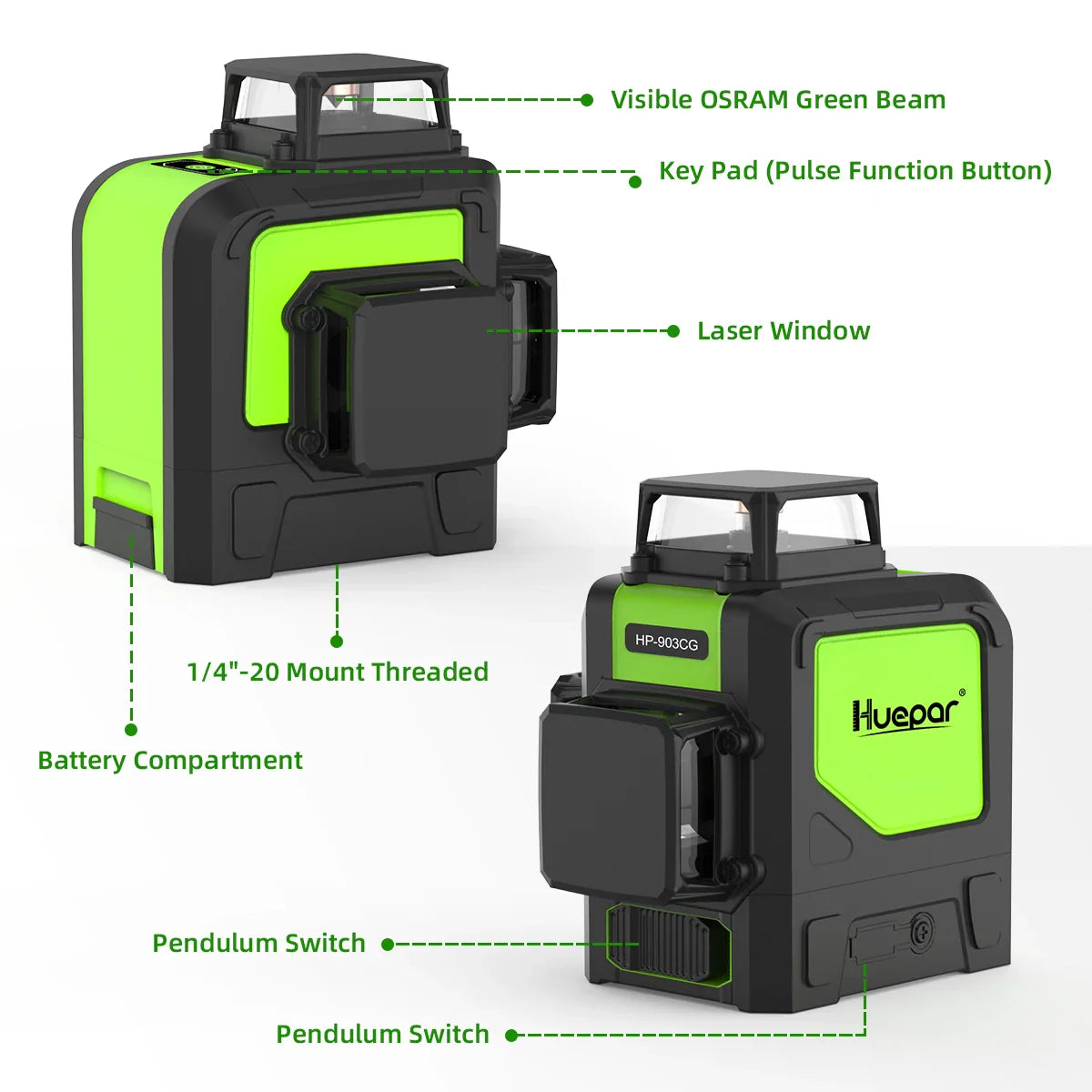 Huepar 12 Lines 3D Cross Line Laser Level Kit Osram Green Laser Beam Self-Leveling 360 Vertical Horizontal with Receiver Tripod