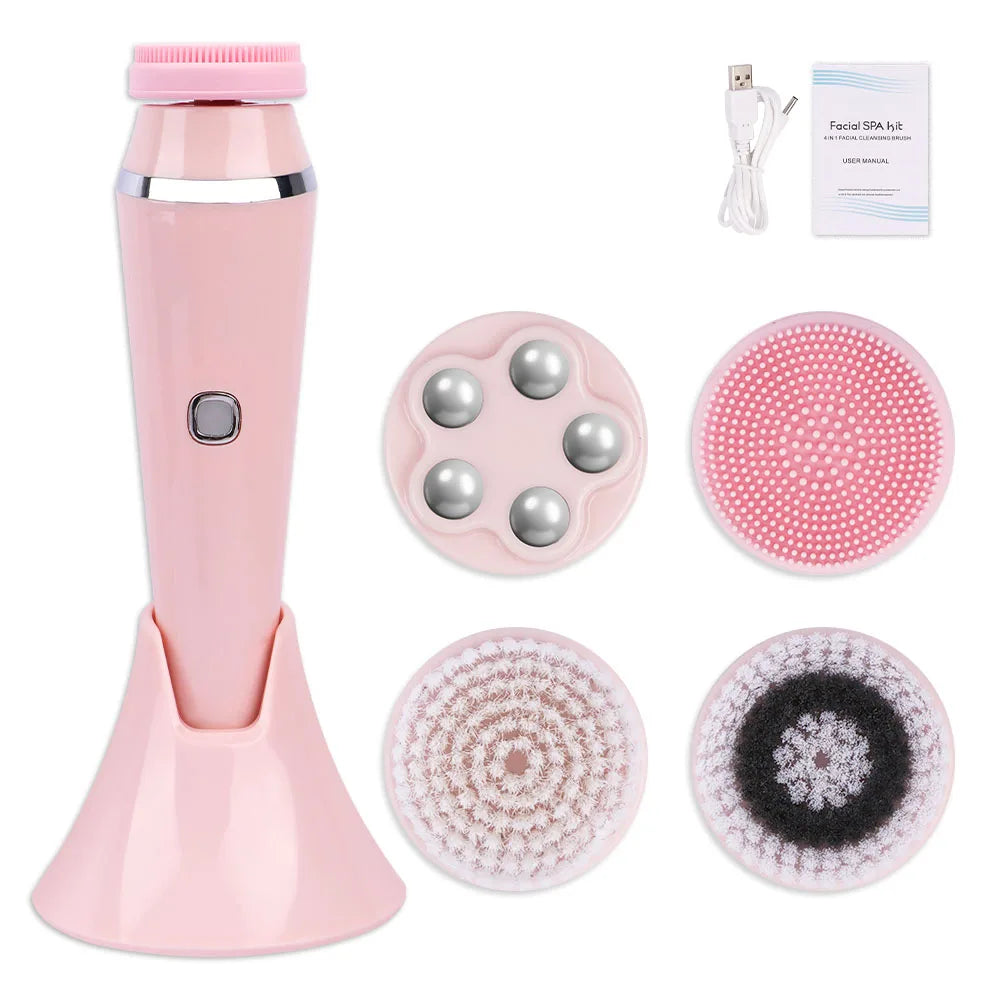 4 Head Electric Facial Cleansing Brush Silicone Rotating Face Scrub Brush Deep Cleaning Skin Peeling Cleanser Exfoliation