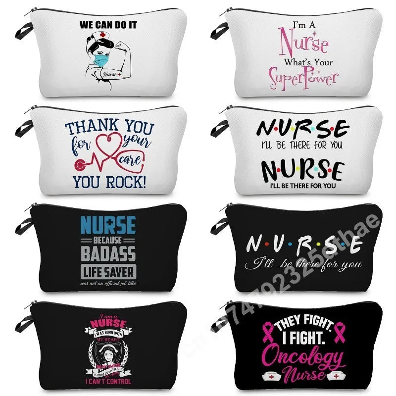 Nurse Makeup Bag Women Cosmetic Bag Toiletry Travel Organizer Lady Purse Cartoon Alphabet Print Zipper Hospital Doctor Gifts