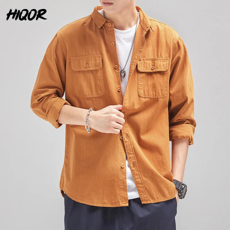 HIQOR New Mens Vintage Shirt Male Lone Sleeve Cargo Shirts 100% Cotton Casual Solid Shirt Male Pocket Work Shirt Man Clothing
