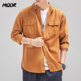 HIQOR New Mens Vintage Shirt Male Lone Sleeve Cargo Shirts 100% Cotton Casual Solid Shirt Male Pocket Work Shirt Man Clothing