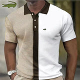 embroidery men's POLO Spring and Autumn short sleeve shirt new small plaid mixed cotton men's zipper lapel T-shirt men's casual