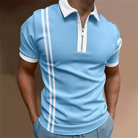 Men's Solid Color Striped Polo Shirt Short Sleeve Golf Turn-down Collar Zipper Polo Shirt&for Men Casual Streetwear Summer Tops