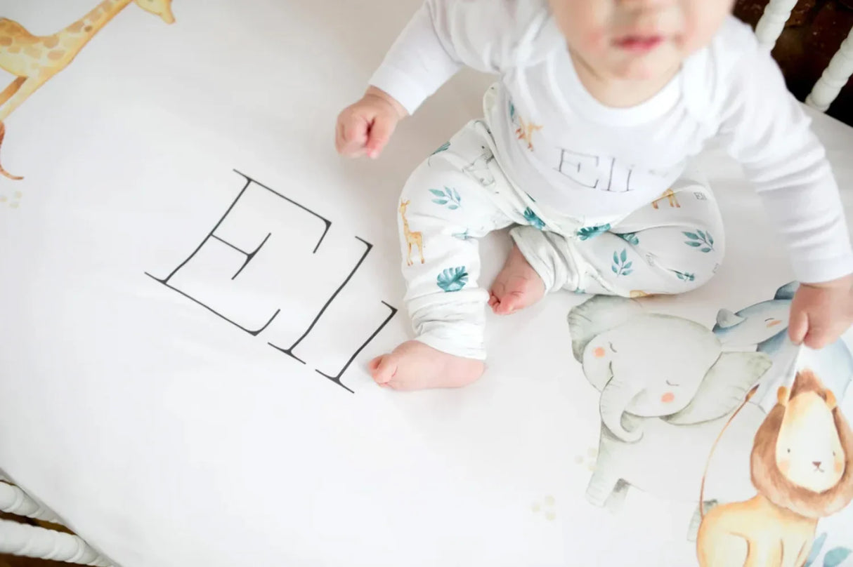 LVYZIHO Baby Crib Bedding Set Nursery, Elephant Lion Crib Sheet Set, Personalized Name Jungle Animals Baby Bedding Set