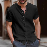 2023 Hot selling men Hawaii new fashion design men's casual retro buttons solid color cotton linen breathable short-sleeved shir