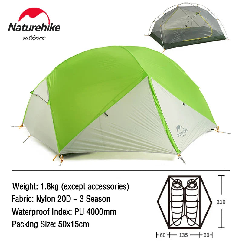 Naturehike Camping Tent 2 Person Mongar Ultralight Tent Outdoor Travel Tent Double Layer Waterproof Tent 3 Season Portable Tent