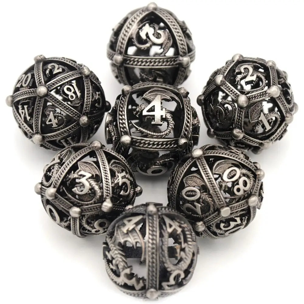 7Pcs/set 7-Die Table Game DND Dice Party Game D4 D6 D8 D10 D12 D20 Game Dice Hollow Roung Dragon Metal Polyhedral Dice TRPG DND