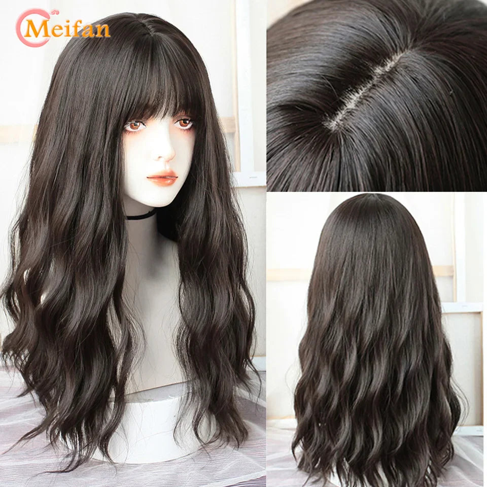 MEIFAN Long Lolita Ombre Harajuku Wig With Bang Red Blue Wave Curly Cosplay Wig Heat Resistant Synthetic Jellyfish Head Wigs