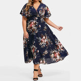 Summer New Sexy V-Neck Women's Beach Dress Plus Size Loose Fashion Floral Printed Butterfly Sleeve Midi Dress Lady Wedding Dress