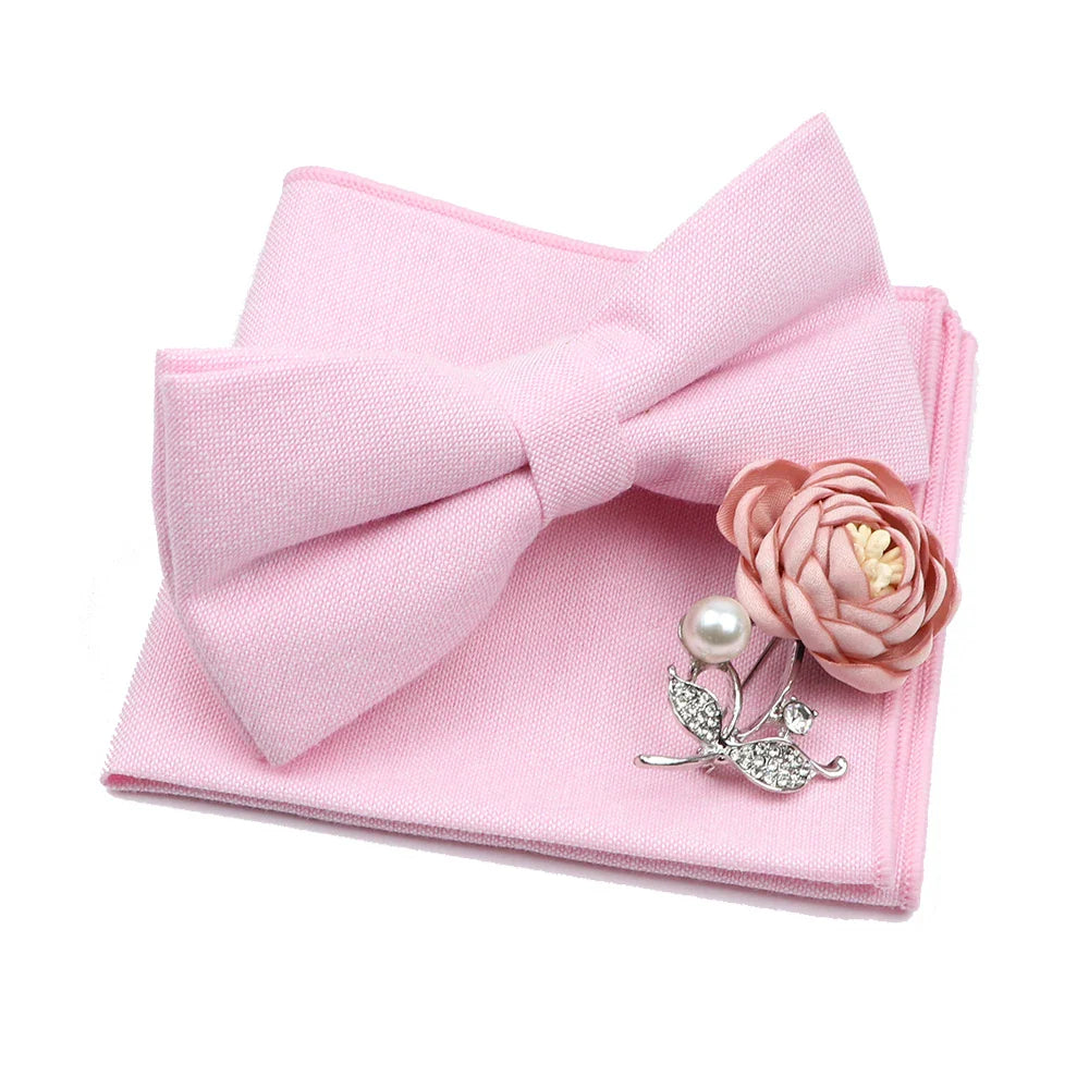 Solid Color Mens Bowtie Brooch Set 100% Cotton Pink Blue Bow Tie Flower Lapel Pin Romantic Wedding Party Suit Shirt Accessories