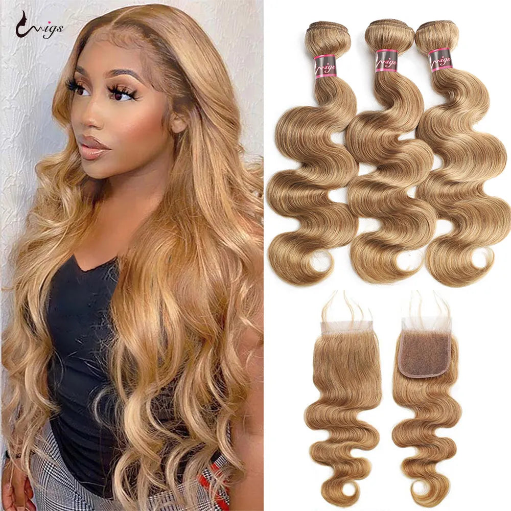 #27 Honey Blonde Human Hair Bundles with Closure Brazilian Hair Weave Bundles with Closure 10A Colored Body Wave Bundles