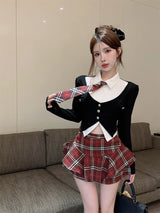 Spicy Girls Uniform Set Women Team Uniform Spring Academic Style Polo Neck Sexy Mini High Waist Plaid Culottes Skirt Red Plaid