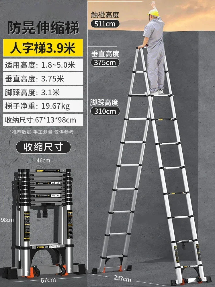 Home Kitchen Telescopic Ladder Aluminum Alloy Step Stools Multi-functional Engineering Ladder Portable Folding Straight Ladder