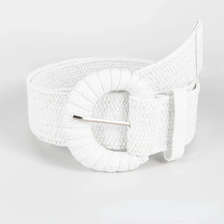 Bohemian Style Hand-woven Black and White Round Buckle Women Belts Designer Woven Elastic PP Straw Grass Girls Waistband