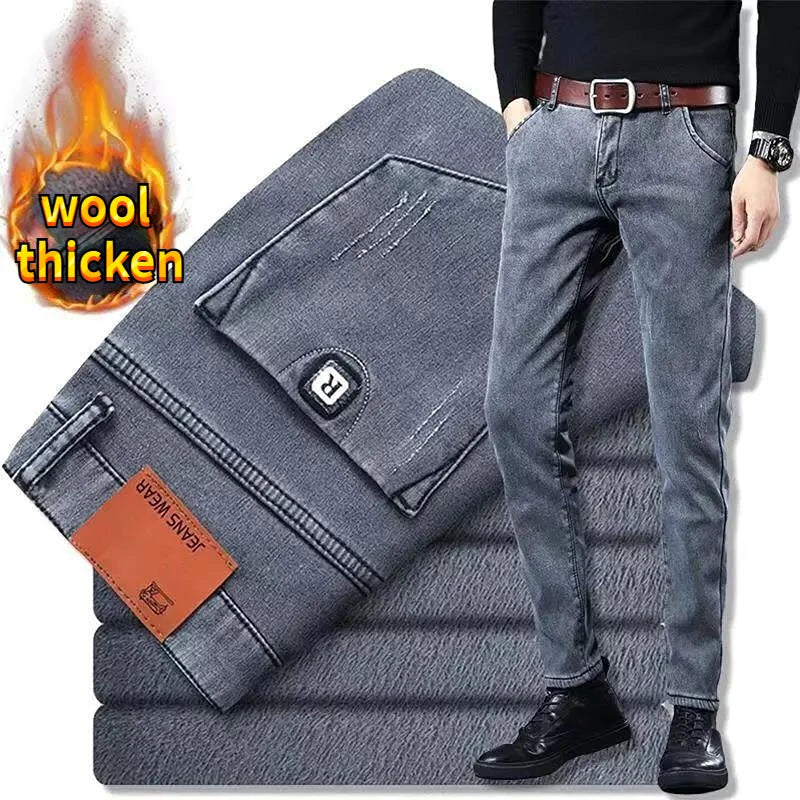 Men's Brushed Jeans Luxury Winter Jeans Velvet Fleece Man Thermal Warm Korean Versatile Elastic Plush Thicken Slim Pencil Pants