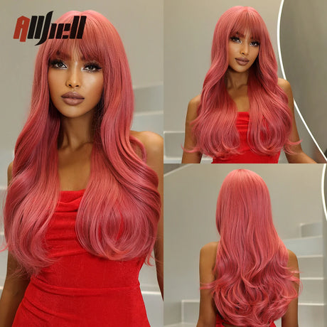 Copper Ginger Brown Wigs with Bangs Natural Synthetic Long Wavy Wigs for Black Women Afro Cosplay Daily Heat Resistant Hair Wig