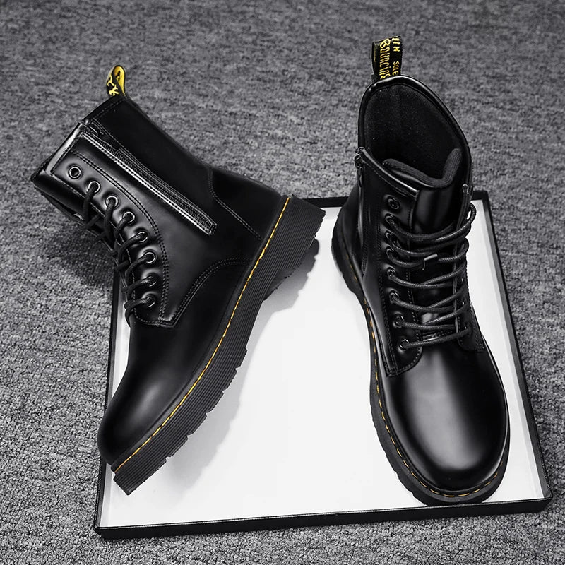 Leather Boots Man  Autumn Winter High Top Classic Basic England Black Men's Biker Boot Fashion Young Waterproof Trendy All-match