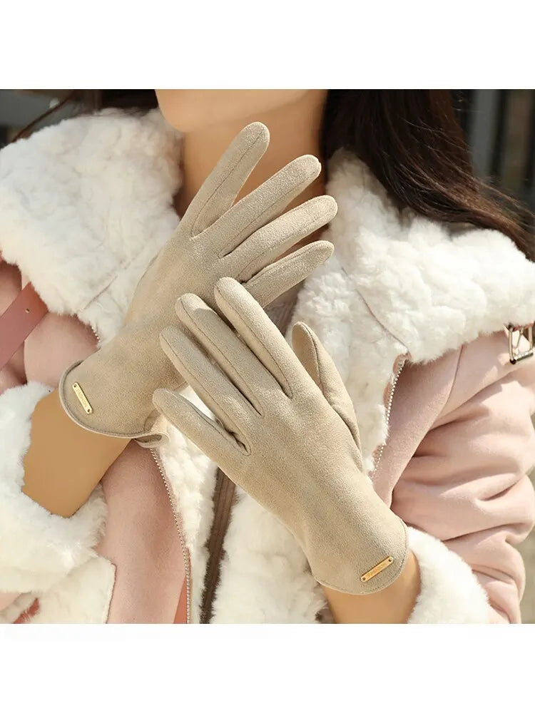 New Winter Padded Warm Gloves Cute Solid Color Suede Can Touch Screen Riding Ski Gloves For Women