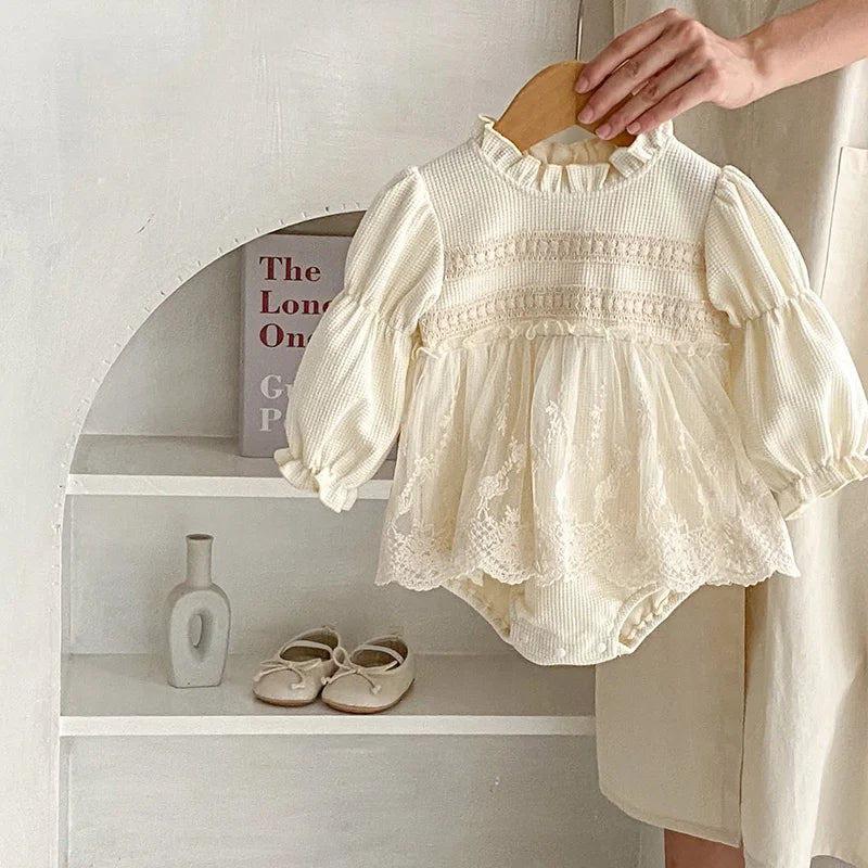 Spring Autumn New Infant Baby Girl Clothes Bodysuit Dress Summer Puff Sleeve Princess One Piece Waffle Lace Clothing Outfits